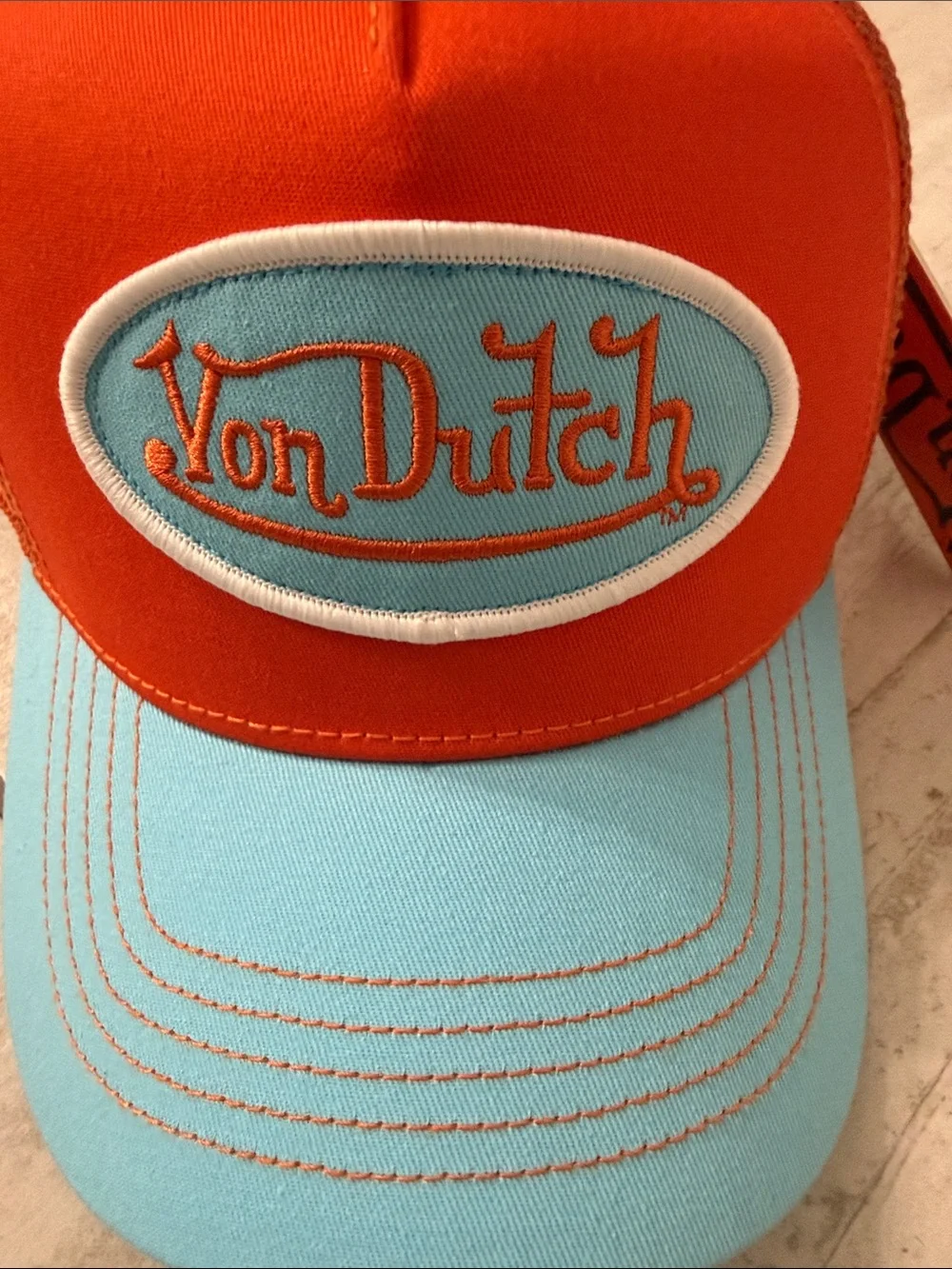 Von Dutch Orange and Light Blue Logo Trucker Hat..nwt ..o/s..sunset haze..unisex